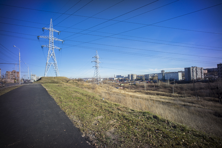 Panoramic view of Krasnoyarsk electric lines and suburbの写真素材