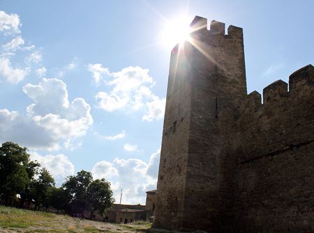 sun over tower, Belgorod-Dnestrovskiy, Ukraineの写真素材
