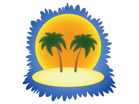 island with two palm trees over sun  illustrationのイラスト素材