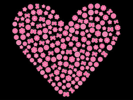 valentine made of flowers and butterflies over blackのイラスト素材