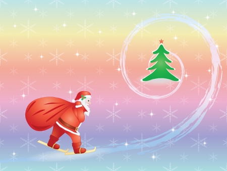 Santa Claus with sack skiing to Christmas treeのイラスト素材