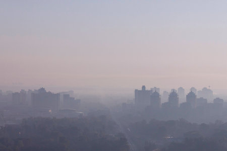district of Kiev in fog at morningの写真素材