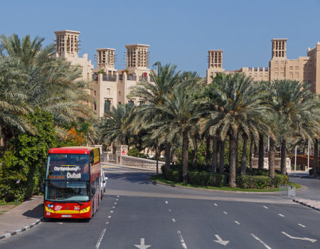DUBAI, UAE - MAY 15, 2016: City SightSeeing tour bus at Souk Madinat in Dubaiのeditorial素材