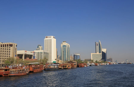 DUBAI, UAE - MAY 14, 2016: vessels at pier of Dubai Creekのeditorial素材