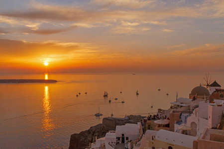 landscape with sunset in Oia on Santoriniの写真素材