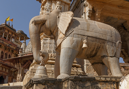 statue of elephant at entrance of Meera Krishna Temple in Jaipur, Indiaの写真素材