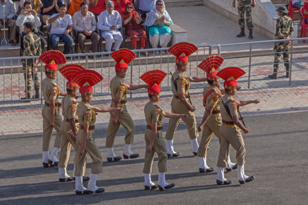 ATTARI, INDIA - MARCH 23, 2018: Indian soldiers on India Pakistan border closing ceremonyのeditorial素材