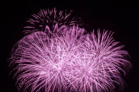 view on violet holiday fireworks in night skyの写真素材