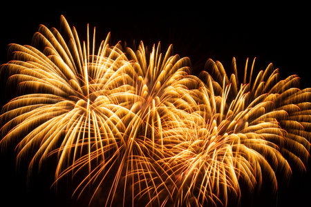 view on bright yellow fireworks in night sky