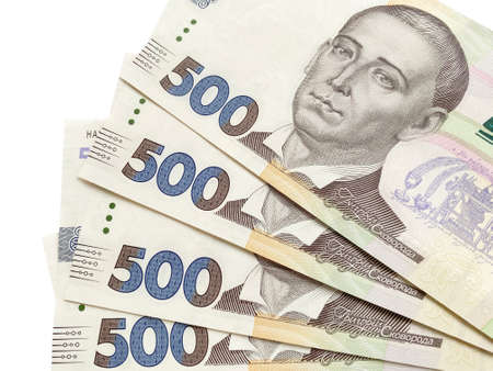 close up of several five hundred hrivnya banknotes against whiteの写真素材