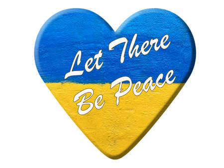 Stand with Ukraine: Let there be peace slogan on heart with painted Ukrainian flagの写真素材