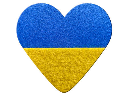 Stand with Ukraine: felt heart with Ukrainian flag isolated on whiteの写真素材