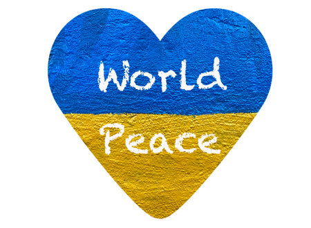 message World Peace on heart with painted Ukrainian flagの写真素材
