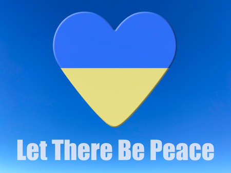Stand with Ukraine: heart with Ukrainian flag above slogan Let there be Peaceの写真素材