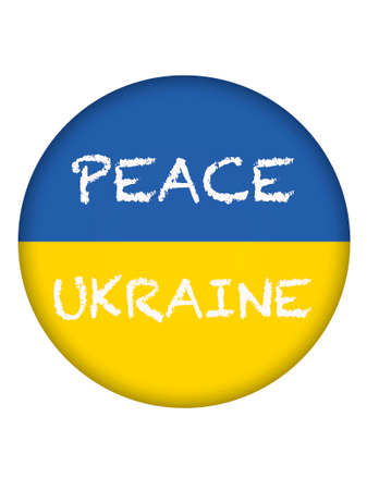 message Peace Ukraine on round button with Ukrainian flag isolated on whiteの写真素材