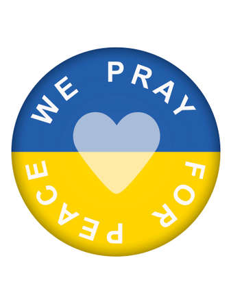 round button with Ukrainian flag, heart and message We pray for peace on whiteの写真素材