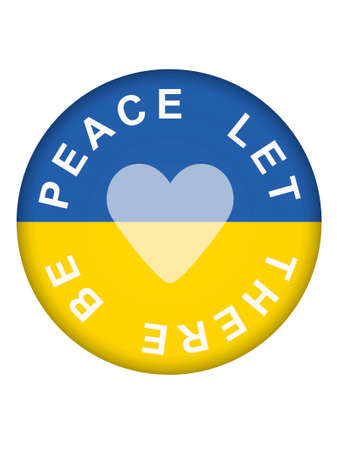 round button with Ukrainian flag, heart and message Let there be peace on whiteの写真素材