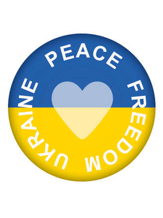 round button with Ukrainian flag, heart  and message Peace, Freedom, Ukraine on whiteの写真素材