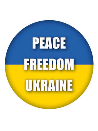 round button with Ukrainian flag and message Peace, Freedom, Ukraineの写真素材