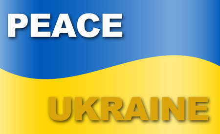 Stand with Ukraine: words Peace and Ukraine on waved Ukrainian flagの写真素材