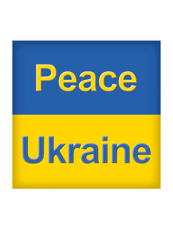 Stand with Ukraine: square button with Ukrainian flag words Peace and Ukraine over whiteの写真素材