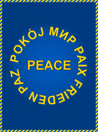 Stand with Ukraine: word Peace in several languages on blue background with Ukrainian flag frameの写真素材