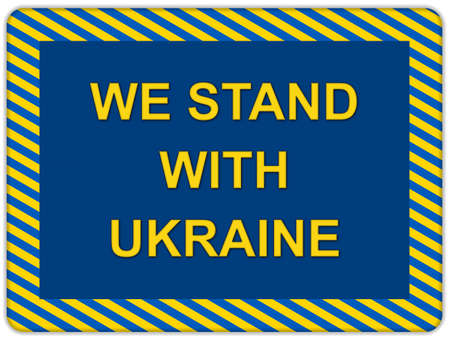 slogan We stand with Ukraine in frame made of Ukrainian flag stripes over whiteの写真素材