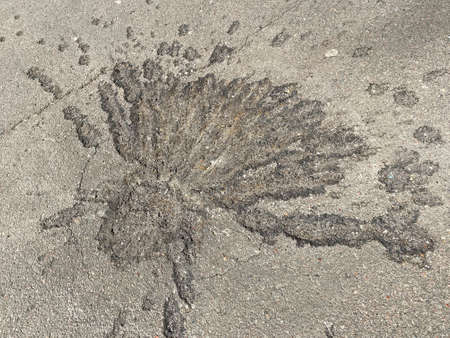 track on asphalt from forbidden cassette bomb explosionの写真素材