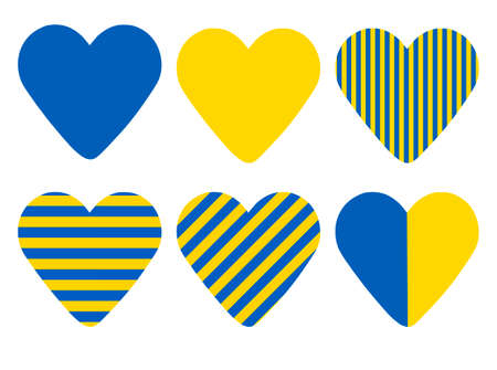 Stand with Ukraine: set of flat hearts with Ukrainian flag stripes over whiteの写真素材
