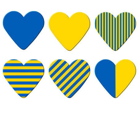 Stand with Ukraine: set of hearts with Ukrainian flag stripes over whiteの写真素材