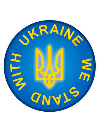 round button with Ukrainian trident and message We stand with Ukraine over whiteの写真素材