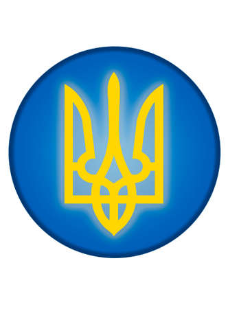 Stand with Ukraine: round button with shining Ukrainian trident over whiteの写真素材