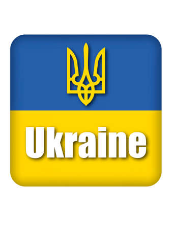 Stand with Ukraine: rounded square button with trident and word Ukraine on Ukrainian flagの写真素材