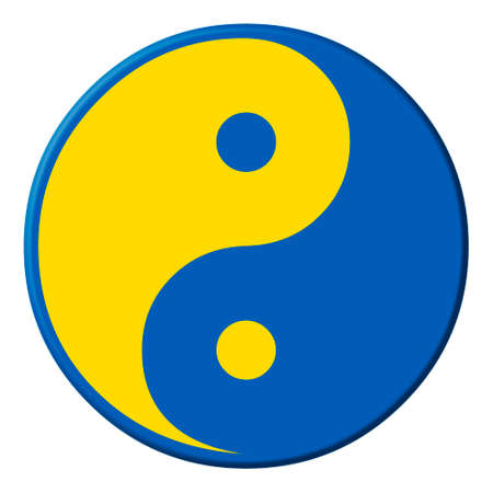 yin yang symbol painted as Ukrainian flag over whiteの写真素材