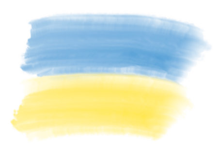 Stand with Ukraine: watercolor drawing of Ukrainian flag on whiteの写真素材