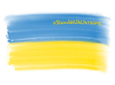 Stand with Ukraine: watercolor drawing of Ukrainian flag with Stand with Ukraine message on whiteの写真素材