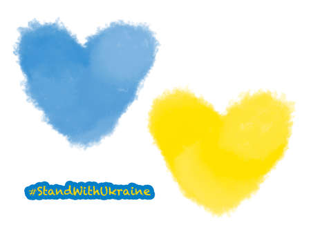 two watercolor hearts and Stand with Ukraine message on whiteの写真素材