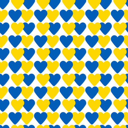 Stand with Ukraine background: abstract seamless pattern made of blue and yellow hearts over whiteの写真素材