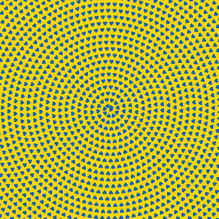 Stand with Ukraine background: spiral made of blue hearts on yellow backgroundの写真素材