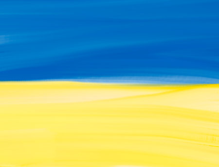 Stand with Ukraine background: Ukrainian flag painted with watercolor brushの写真素材