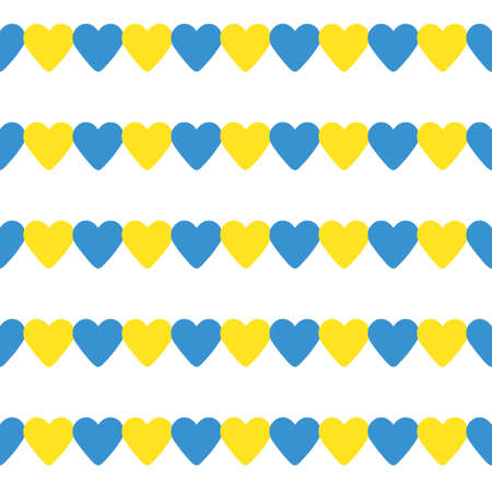 Stand with Ukraine backdrop: seamless pattern made of blue and yellow hearts on white backgroundの写真素材