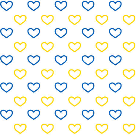 Stand with Ukraine backdrop: seamless pattern made of blue and yellow hearts on white backgroundの写真素材
