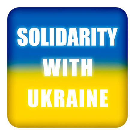 message Solidarity with Ukraine on rounded square button with painted Ukrainian flagの写真素材