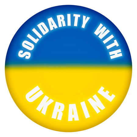 slogan Solidarity with Ukraine on round button with painted Ukrainian flag over whiteの写真素材
