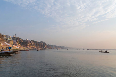 sight of Varanasi city and Ganges river in India from a boat