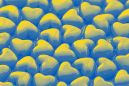 close up of heart shaped beads colored in colors of Ukrainian flag