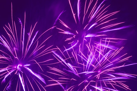 abstract holiday background: bright purple fireworks in night skyの写真素材