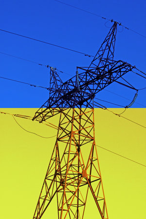 view on electricity pylon against flag of Ukraineの写真素材
