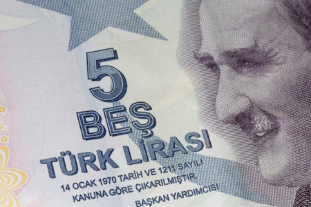 close up of five Turkish liras banknote