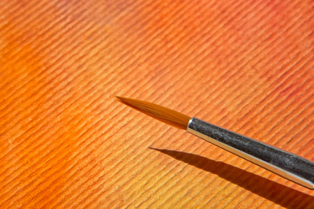 close up of tip of round paint brush at watercolor drawingの写真素材